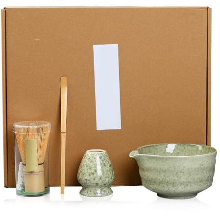 Matcha Whisk Set 4PCS, Reusable Matcha Making Kit with Ceramic Matcha Bowl Matcha Whisk Holder Bamboo Matcha Whisk and Bamboo Scoop Matcha Tea Set Whisk Starter Kit for Tea Lovers (Green)