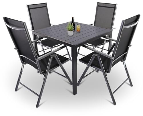 Raburg Gartenmöbel-Set, Moderne Sitzgruppe, 4 Stühle (klappbare Hochlehner) Tisch 90x90cm, wetterfestes Alu, Garnitur für Garten, Terrasse & Balkon, Norvey, Silber/Schwarz|Anthrazit-Schwarz