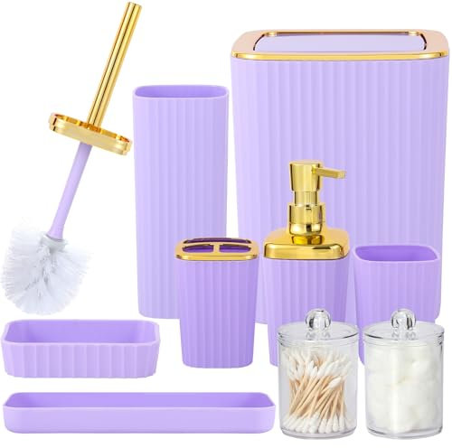 Bathroom Accessory Set,9 Pieces Purple Bathroom Accessories Set with Trash Can, Toothbrush Holder, Soap Dispenser, Toothbrush Cup, Vanity Tray, Soap Dish, Toilet Brush, Qtip Holder