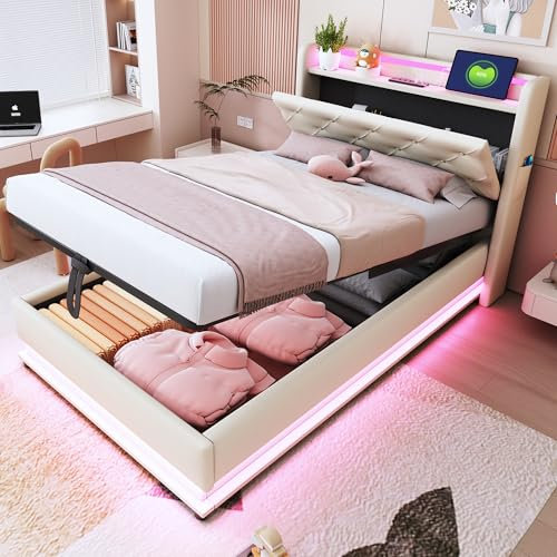 HOXINBLY Letto Singolo con Contenitore 90x200 cm con LED e USB,testiera apribile, Letto imbottito con Testiera e vano portaoggetti,con rete a doghe, Struttura in tessuto di lino beige