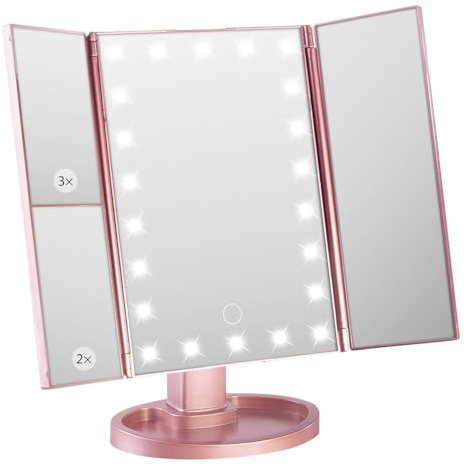 Sichler Beauty Frisiertisch Spiegel: Falt-Schminkspiegel mit Beleuchtung, 3x/2x/1x-Vergrößerung, roségold (Make Up Spiegel mit Beleuchtung, Rasierspiegel beleuchtet, LED)