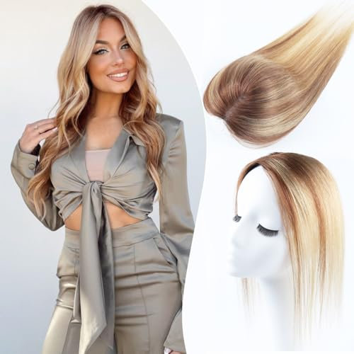 Haarteile für Frauen Echthaar Extensions zum Anklipsen Echthaar Topper mit dünner werdendem Haar 8 x 11 cm handgewebte Flächenabdeckung Schweizer Spitze natürliches Haarteil Strähnchen Blond