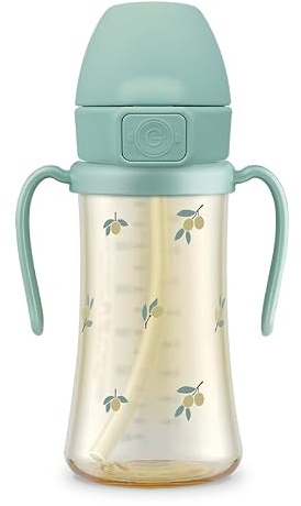 GROSMIMI Baby Straw Cup, Spill-Proof PPSU Sippy Cup with Flip-Top, Rotating Handles for Babies & Toddlers 12+ Months, Bite-Resistant Silicone Straw, BPA-Free, Stage 2, 10oz (Olive)