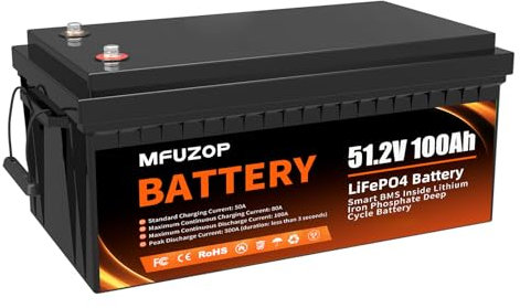 MFUZOP Batería Litio 48V 100Ah, BMS 100A Integrado, Potencia Máxima de Salida 5120W, 15000+Cycles bateria de litio 48v, Soporte de Potencia en Conexión Serie/Paralelo, Solar, RV (48V100AH*1Pcs)