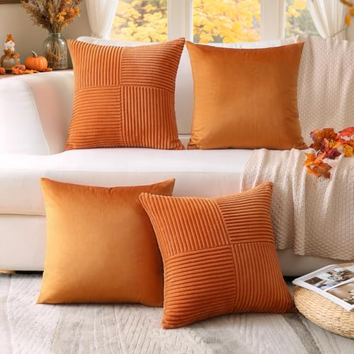 Sungeek 4er Set Cord Kissenbezüge Herbst, Dekorativ Zierkissenbezüge Weich Kissenbezug Dekokissen Sofakissen Boho Deko Bezug Kissenhülle für Wohnzimmer (Samt+Windmühle Gestreifte Kordsamt, 45x45 cm)