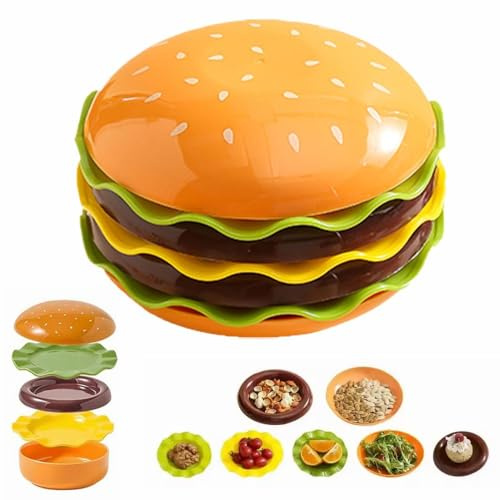 SHUZHENG Burger-Teller und Schüssel-Sets, Hamburger-Teller für Dessert, Snack und Salat, Abendessen, Dessertteller und Müslischalen mit Deckel, niedliches stapelbares Geschirr-Set für Küche, Zuhause