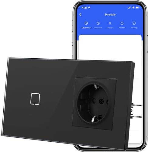 MVAVA Interruptor Tactil Inteligente,WIFI Interruptores de Luz Con Cristal,Compatible con Alexa/Tuya/Smart Life,Requiere Cable Neutro,1 Gang 1 Vía con Enchufe,157mm Negro