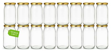 Einmachgläser mit schraubdeckel 900 ml 16er Set mit goldenen Deckel fi82 Einmachglas Einweckgläser - Vorratsgläser Glas luftdicht Twist Off - für Gurken Paprika Kompott Marmelade Honig Einmachen
