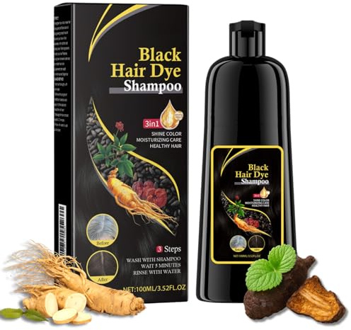 Black Hair Dye Shampoo 3in1, Schwarze Haarfärbeshampoo gegen Graues Haar, Natürliche Schwarze Haarfarbe Shampoo, Farbshampoo für Frauen & Männer, Haarfarbe Schwarz Sampoo, 100ml Travel Format