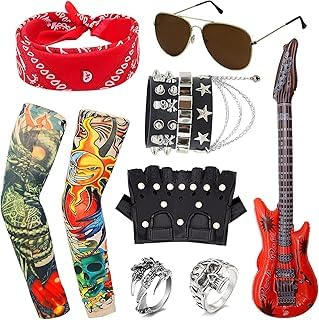 Disfraz Rock Punk Años 80 para Adulto – Kit 11 Accesorios Rockero con Guitarra Hinchable, Gafas, Guantes, Bandana y Pulseras – Complementos Carnaval y Fiestas Temáticas