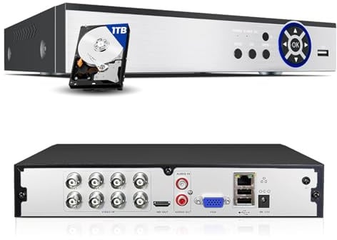 8 Channel Hybrid Security DVR Recorder with 1TB HDD, 5MP H.265+ Surveillance Video Recorders for Analog AHD, TVI, CVI, CVBS, IP Cameras