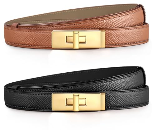Ahokei Skinny Gürtel Damen, Ledergürtel Damen Taillengürtel Damengürtel Leder Beidseitig Damengürtel für Jeans Klassisch Gold Drehverschluss 2 Stück Schmaler Gürtel Schwarz Braun Geschenke für Frauen