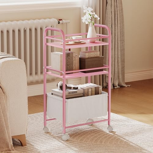 YITAHOME Rosa Metallwagen auf Rädern, 3-stöckiger Küchenwagen, Aufbewahrungswagen mit gewebtem Korb, feststellbare Räder, Griff, Bücherwagen für Büro, Küche, Bad, Wohnzimmer, Studio, kleine Räume