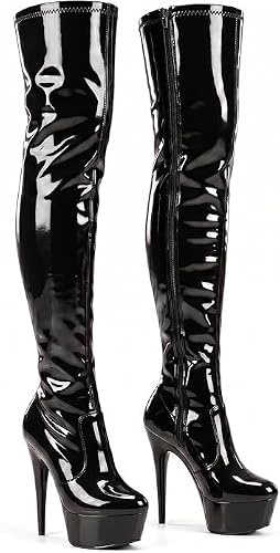 Women's Thigh High Stiletto Heel Boots Wide Calf Stretch Platform Round Toe Side Zip Leather Boots UK 3-12 (Black Patent, One Size, UK Footwear Size System, Adult, Women, Numeric, Medium, 9)