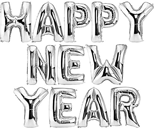 DekoRex® HAPPY NEW YEAR Girlande Buchstaben Ballons Folienballons Luftballons Silvester Neujahr Höhe: ca. 40cm in Silber