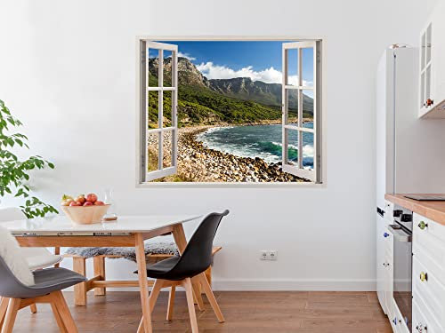 Pegatinas 3D Vinilo ventana Varias Medidas 150x130cm | Adhesivo Incluido | Decoracion Habitación |Playa, Rocosa Panoramica y Montañas Frondosas | Multicolor | Diseño Elegante |