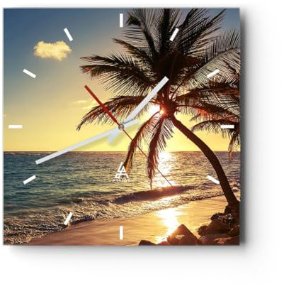 Modern Wanduhr Wolke exotischer Palm- Landschaft 40x40cm Quadrat Groß Wand Uhr Glas Analog Zimmeruhren Küche Büro Wohnzimmer Glasuhr Wall Clock Dekoration Design Küchenuhr C3AC40x40-3180