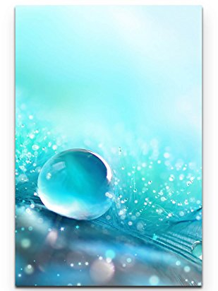 Eau Zone Wandbild auf Leinwand 90x60cm Wassertropfen auf Blauem Hintergrund