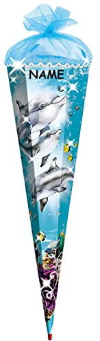 3 - D Schultüte - Delfin 70 cm 6 eckig - incl. Namen - mit Holzspitze/Filzabschluß und Glitzer - Zuckertüte Roth Delfine Fisch Unterwasser Fische Wasser