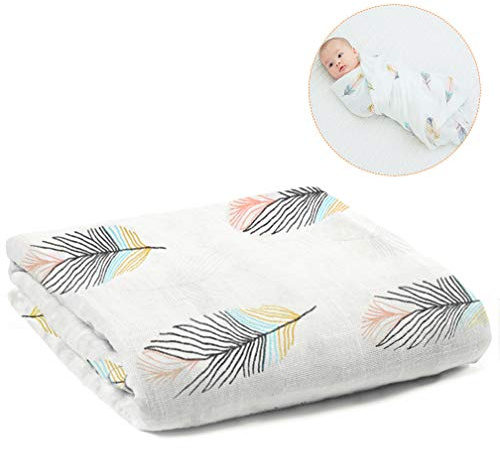 ALBOYI Baby Muslin Blanket 1 Pack, Organic Cotton Soft Muslin Swaddle Cloth 120 × 110 cm, Newborn Washcloth & Shower Towel, Cartoon Feather Print