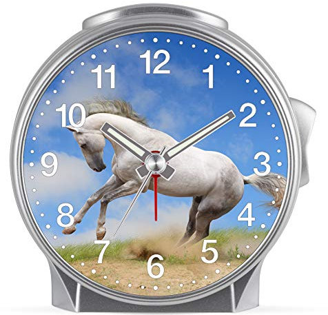 Eurotime Kinder Wecker für Mädchen mit Pferde-Motiv, Kunststoffgehäuse und Kunststoffglas, geräuscharmer Wecker, kein Ticken, mit Licht und Weckwiederholung, 29610-07