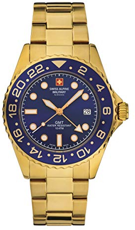 Swiss Alpine Military Herren-Armbanduhr Analog Quarz Edelstahl Gold Schwarz Blau 1115sam Armband 7052, Gold/Schwarz/Blau - 1115sam, Armband