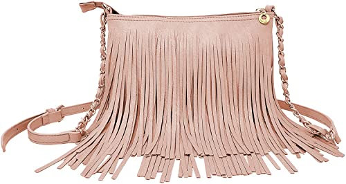 Solene Fransen Crossbody Borsa a tracolla con cinghia, borsa messenger con nappa, stile country western frange portafoglio da donna, rose pink, M