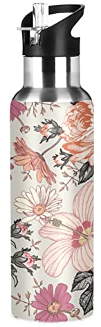 Vnurnrn Rose Floral Fleur Plante Bouteille d'eau Isotherme avec Paille en Acier Inoxydable Gourde 600ML, Sans Bpa Gourdes Eau pour Enfant Sport Randonnée École Bureau