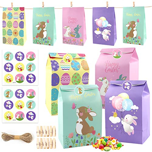 12 Stück Ostertüten zum Befüllen,Geschenktüten Ostern,mit 2 Blätter Osteraufkleber und 12 Kleiner Klipp,Bunt DIY Geschenktüten zu Ostern,Papiertüten Ostermotive,Oster Geschenktüten für Kinder