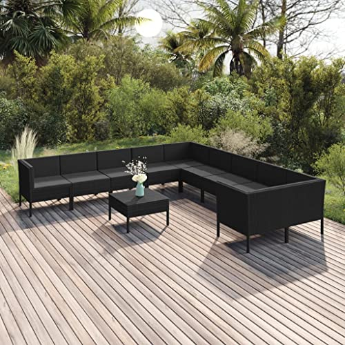 vidaXL Gartenmöbel 11-TLG. mit Auflagen Sitzgruppe Sofa Lounge Garten Garnitur Gartenset Gartensofa Mittelsofa Ecksofa Tisch Fußhocker Poly Rattan Schwarz