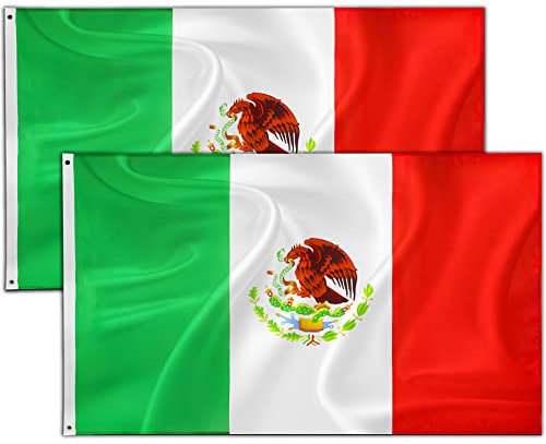 Lot de 2 drapeaux du Mexique | 0,9 x 1,5 m | Drapeau du Mexique | Drapeaux mexicains résistants aux intempéries avec œillets en laiton | Drapeau national du Mexique en polyester pour extérieur et