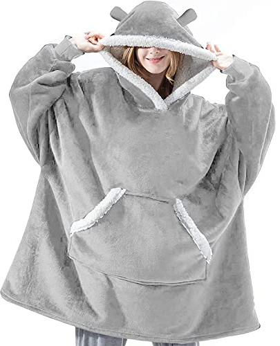 SASIGAYA Kuscheldecke mit Ärmel,Decke Hoodie Sweatshirt Einheitsgröße für Erwachsene, Männer, Frauen,Flanell Fleecedecke Tragbar Weiche Gemütliche Warme Komfortable Riesen-Hoodie(Hellgrau)