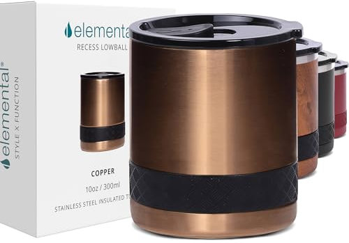Elemental Lowball Insulated Tumbler - 300 ml Coffee Mug - Stainless Steel Travel Mug - Triple Wall Coffee Cup Travel Mug - Non-Shattered Tritan Lid - Whiskey Glass - Copper
