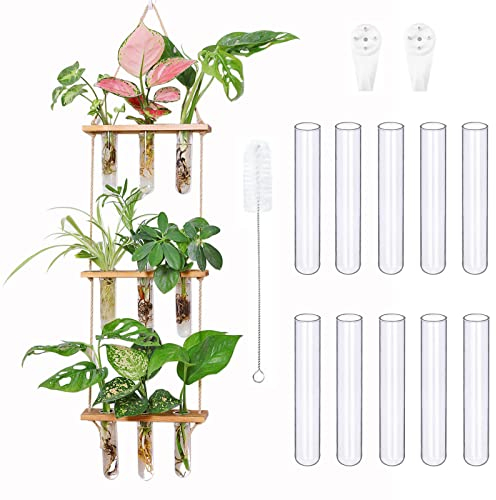 Wandbehang Pflanzgefäß Terrarium mit Holzständer, 3 Etagen, Mini-Reagenzglas, Blumenvasen, Retro, hängender Glas, Pflanzgefäß, Anzucht, für Hydrokulturpflanzen, Gartendekoration, 10 Reagenzgläser