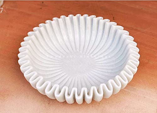 SWADESHI BLESSINGS Handgefertigte Marmor-Rüschenschale/Antike Jakobsmuschelschale/Obstschale/Vintage-Ringschale/Dekorative Blumenschale/Einweihungsgeschenk/Hochzeitsgeschenke/Urli (12 Inches)