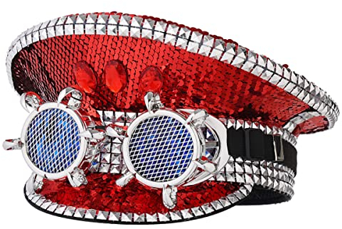 COSDREAMER Damen Burning Man Pailletten Hut Festival Militär Kapitän Hüte mit Brille (A)