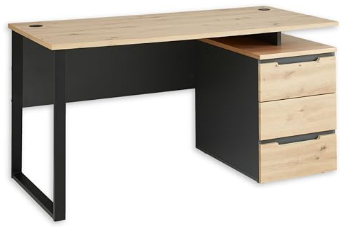 Stella Trading Schreibtisch in Artisan Eiche Optik, Graphit - Moderner Bürotisch Computertisch mit Metallgestell & Rollcontainer - 150 x 77 x 73 cm (B/H/T)