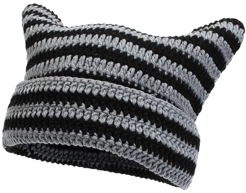 YAMEIZE Cat Ear Striped Knitted Mütze - für Damen Herren Trendy Warm Y2K Weich mit Cat Ear Striped Beanie Soft Strickmützen Winter Cap Girls Outdoor