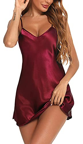 Litherday Women's Satin Negligee Nightdress Babydoll Lingerie Silk Nighty Chemise Nightgown Sleepwear Nightwear Short Dress(Dark Red,L-2