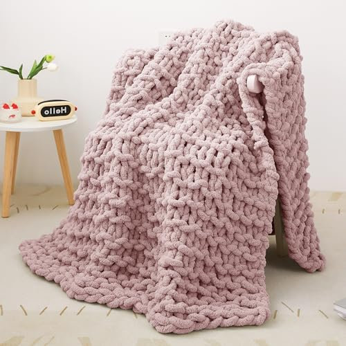 Decke Grob Gestrickte, Grobstrick-überwurf Strickwolle Dickes Garn, 100% Dicke Wolle Zum Handstricken Strickdecke, überwürfe Für Sofa Gestrickte Bettüberwurf-DeckenFürBetten, 101x127cm, Rosa Farbe