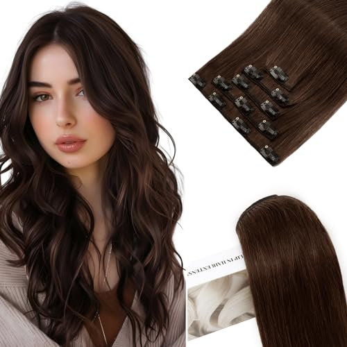Elailite Echthaar Extensions Clip in #4 Mittel braun, 5 Tressen Remy Haarverlängerung mit 12 Clips, 40cm-60g Glattes Haarteile Natürlich Haarextension für Frauen Damen