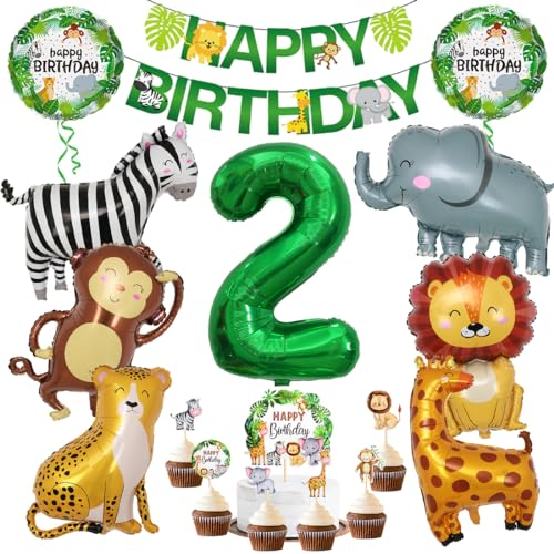Dschungel Deko 2 Geburtstag, 2 jahr Kinder Geburtstagsdeko, Safari Tiere Folienballon 2, 17 Stück Wild Party Geburtstags Dekoration, Waldtiere Grüner Luftballon für Mädchen Junge Kinder Geburtstag