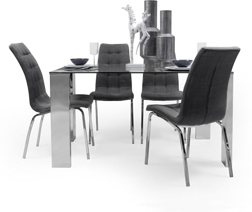 Homely | Conjunto Comedor Karina II | Mesa de Cristal y Acero Pulido Con 4 Sillas Acolchadas | Patas de Acero Cromado | Medidas 140x90 cm | Tela Gris
