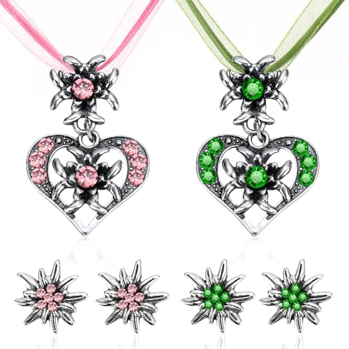 IMPPTE 6 Stück Grün Rosa Trachtenschmuck Damen Kette Edelweiß Herz Anhänger mit Ohrstecker Edelweiß Trachtenschmuck Damen Ohrringe für Bierfest Trachten Dirndl Accessoires