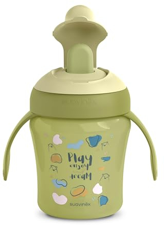 Suavinex, Tasse Apprentissage avec Bec Rigide Anti-Râpage, Tasse Bébé Anti - Fuite, Gobelet Enfant avec Couvercle Rabattable et Poignées, Passe au Lave-Vaisselle. +6 Mois, 200 ml. Bears, Vert