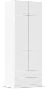Rauch Möbel Prandon Kleiderschrank für Schlafzimmer, Kinderzimmer, Flur, Garderobe, 2-türig, 2 Schubaden, inkl. Schrankaufsatz, Farbe Weiß, Stangengriff, Breite 91cm