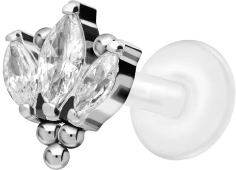 PIERCINGLINE PTFE Labret mit Gewinde + Titan-Aufsatz LOTUSBLÜTE + KUGELN Piercing Ohr Nase Silberfarben 1,2 x 9 mm