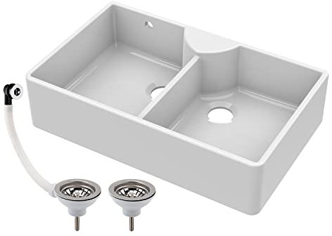 Balterley 895mm Butler White Kitchen Sink, Double Bowl Stepped Weir with Tap Ledge & 2 Waste with 1 Overflow, No Tap Hole, Durable Butler Fireclay Ceramic Kitchen Sink Bowl - 895 x 550 x 220mm (White)