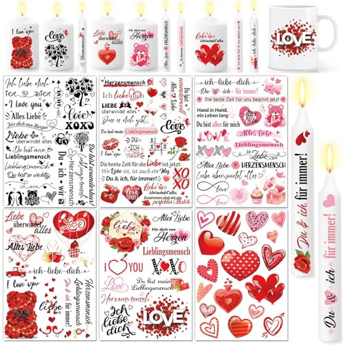 DPKOW DIY Kerzentattoos Valentinstag Wasserschiebefolie Kerzen Stabkerze Rot Herzen Kerzenfolie Ich Liebe Dich Kerzensticker Geburtstagskerze, Kerze mit Spruch, 6 Blatt