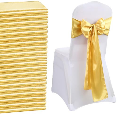 QeeFop 50 Stück Gold Satin Schärpe Hochzeit Stuhl Bogen, Elastische Stuhlschärpen Stuhl Schärpen für Hochzeitsdekoration Geburtstag Bankett Party Stuhl Dekoration (Gold)